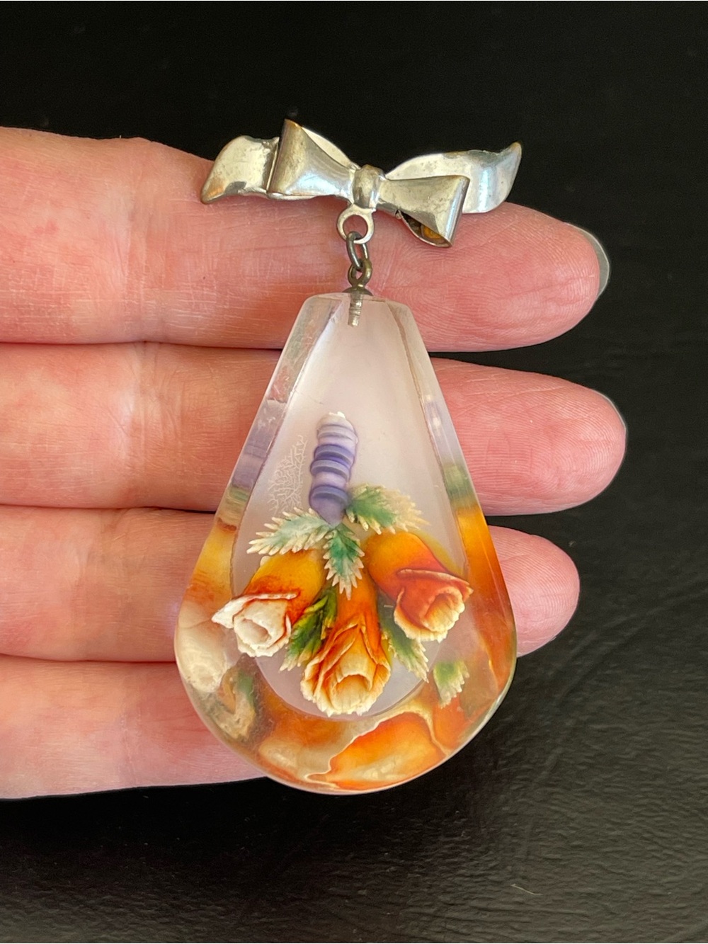 Vintage Floral Lucite Drop Brooch Pin in Orange and Purple